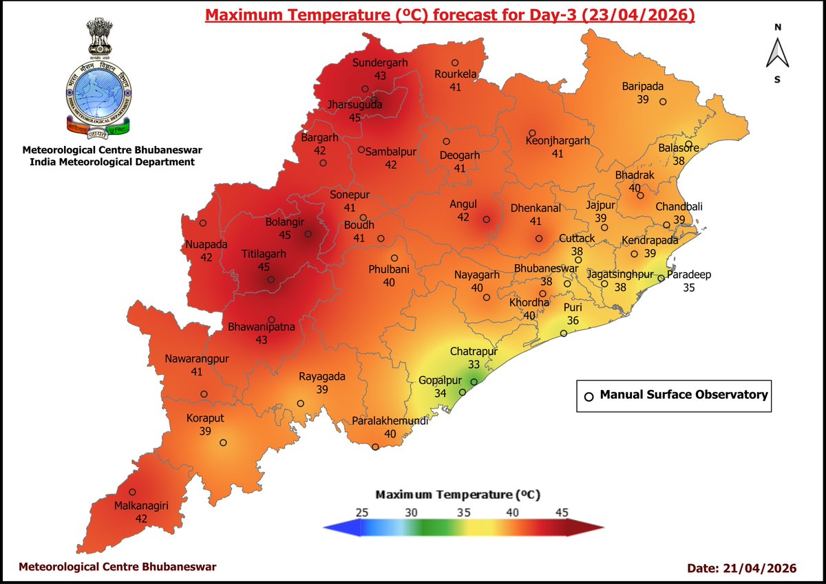 mcbbsr's tweet image. Maximum Temperature Forecast for next 5 days
#Odisha #hot #temperature