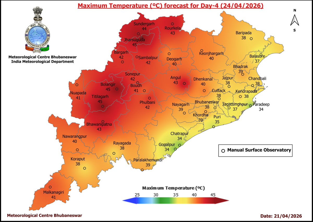 mcbbsr's tweet image. Maximum Temperature Forecast for next 5 days
#Odisha #hot #temperature
