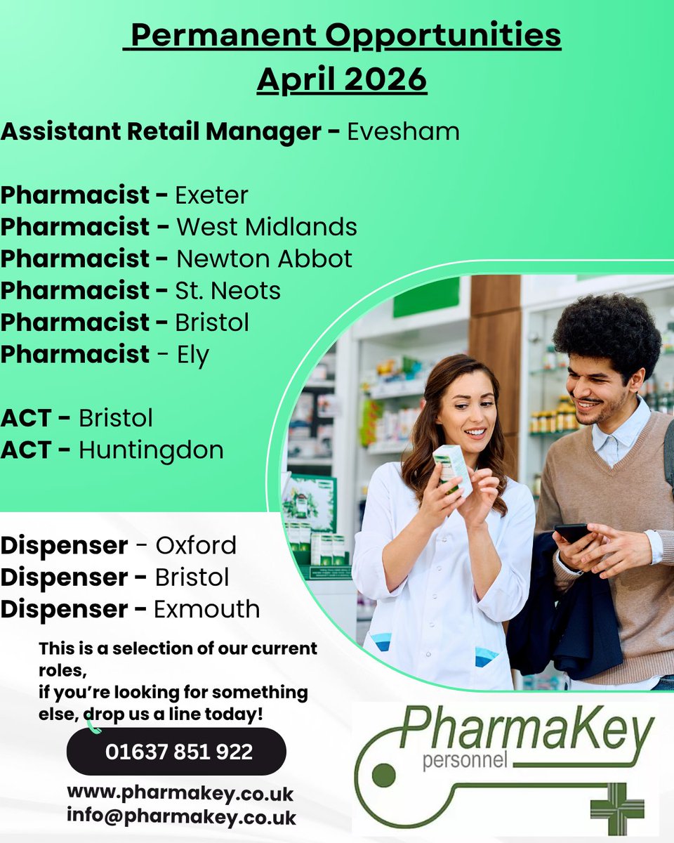 PharmaKeyltd's tweet photo. Hi everyone, hope everyone's having a wonderful week so far! Here's a small selection of our current opportunities across the country. If you're looking for any role in pharmacy anywhere, drop us a line!
#pharmacy #pharmacist #pharmacyjobs #pharmacyACT #pharmacydispenser https://t.co/U44N6WHVPF