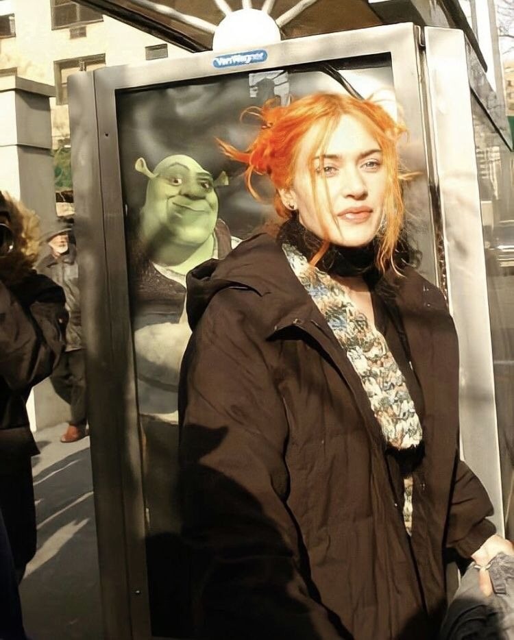 Shrek and Kate Winslet on the set of Eternal Sunshine of the Spotless Mind, 2003