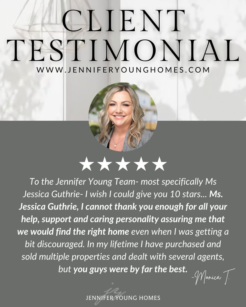 JenniferYoungKW's tweet image. Huge kudos to Jessica Guthrie for delivering a standout experience. 🏡
From the first call, she brought patience and care—turning an overwhelming process into something manageable every step of the way. 💙
Proud to have her on the Jennifer Young Homes team.
#TestimonialTuesday