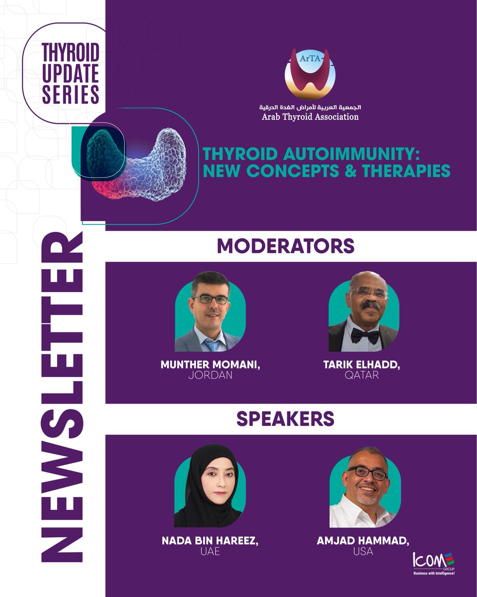 ArabThyroid's tweet image. Highlights from our ArTA Thyroid Update Series on thyroid autoimmunity are now available.

Watch on demand &amp;amp; read the newsletter: youtu.be/Msdisvf8C68

#thyroidhealth #thyroiddisease #thyroid #Arta #ArabThyroidAssociation #thyroideyedisease