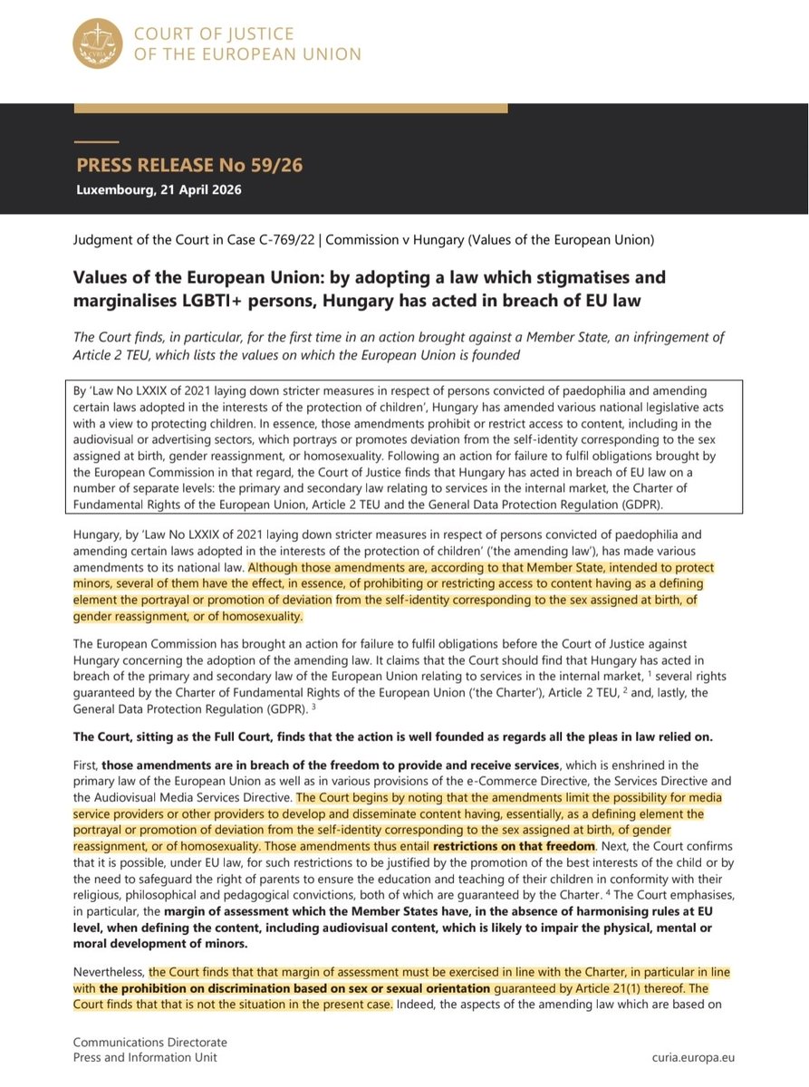BRUSSELS RULES AGAINST LIMITS ON GENDER PROPAGANDA‼️

One and a half weeks after the elections, the Court of the European Union has struck down Hungary’s child protection law.

According to the Brussels court, the spread of gender-related content in media and advertising cannot