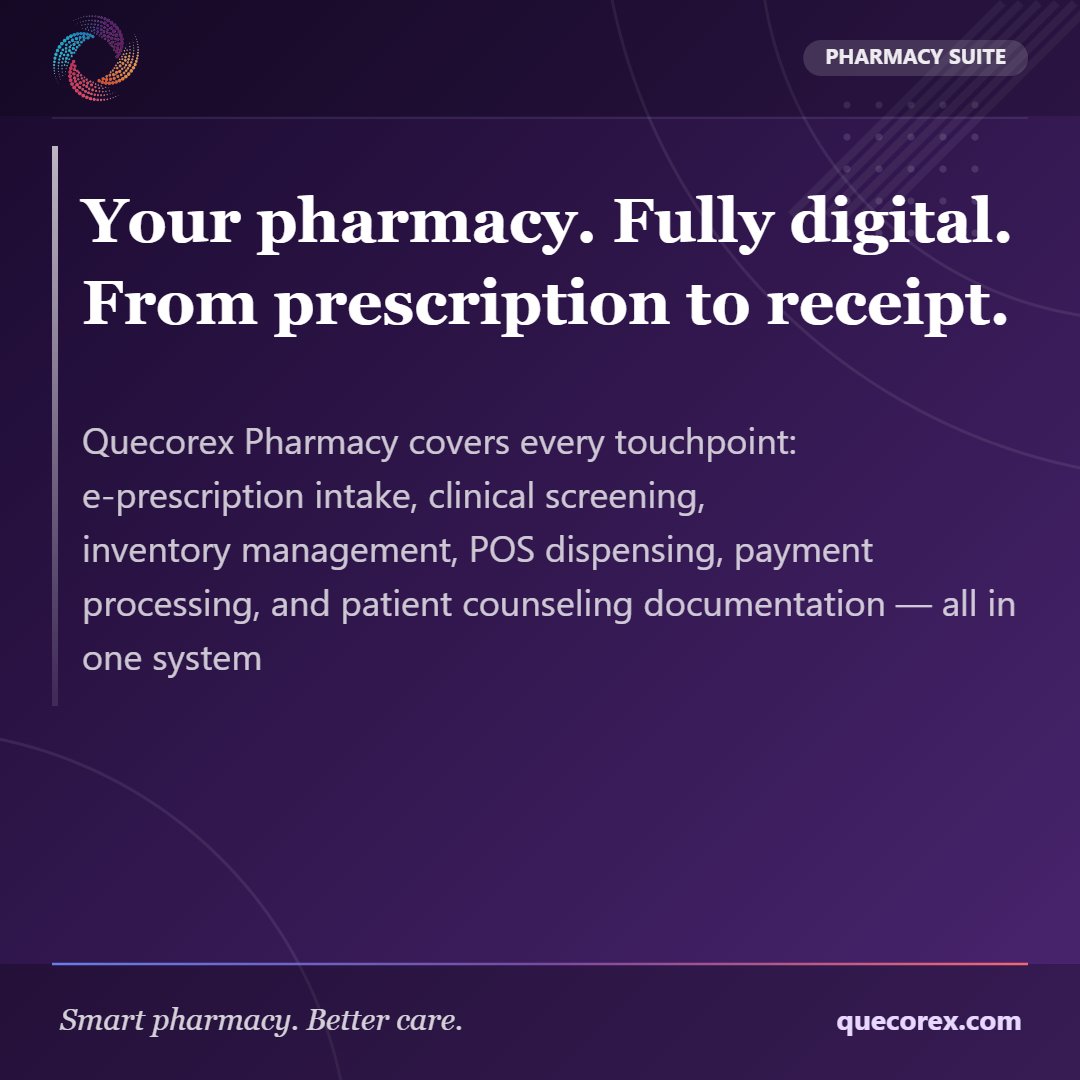 quecorex's tweet photo. Stop juggling prescription pads, stock books, and separate POS systems. Quecorex Pharmacy is the all-in-one

platform your dispensary deserves.

#PharmacyManagement #PharmacySoftware #Quecorex #DispensaryManagement #Pharmacy

Visit to learn more https://t.co/UEu5Qd3oFw https://t.co/FToUzyCR2K