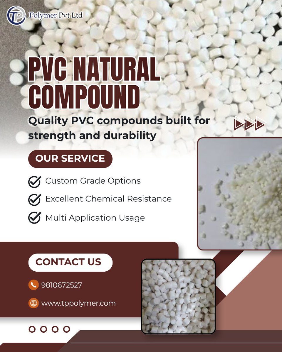 Tppolymerpvtltd's tweet image. Reliable PVC Natural Compound Solutions for Every Industry

TP Polymer Pvt Ltd offers high-quality PVC Natural 
Compounds with excellent durability, flexibility, and customization options. 

📧 anil@tppolymer.com
📞 9810672527

 #PVCCompound #PVCManufacturers #PlasticIndustry