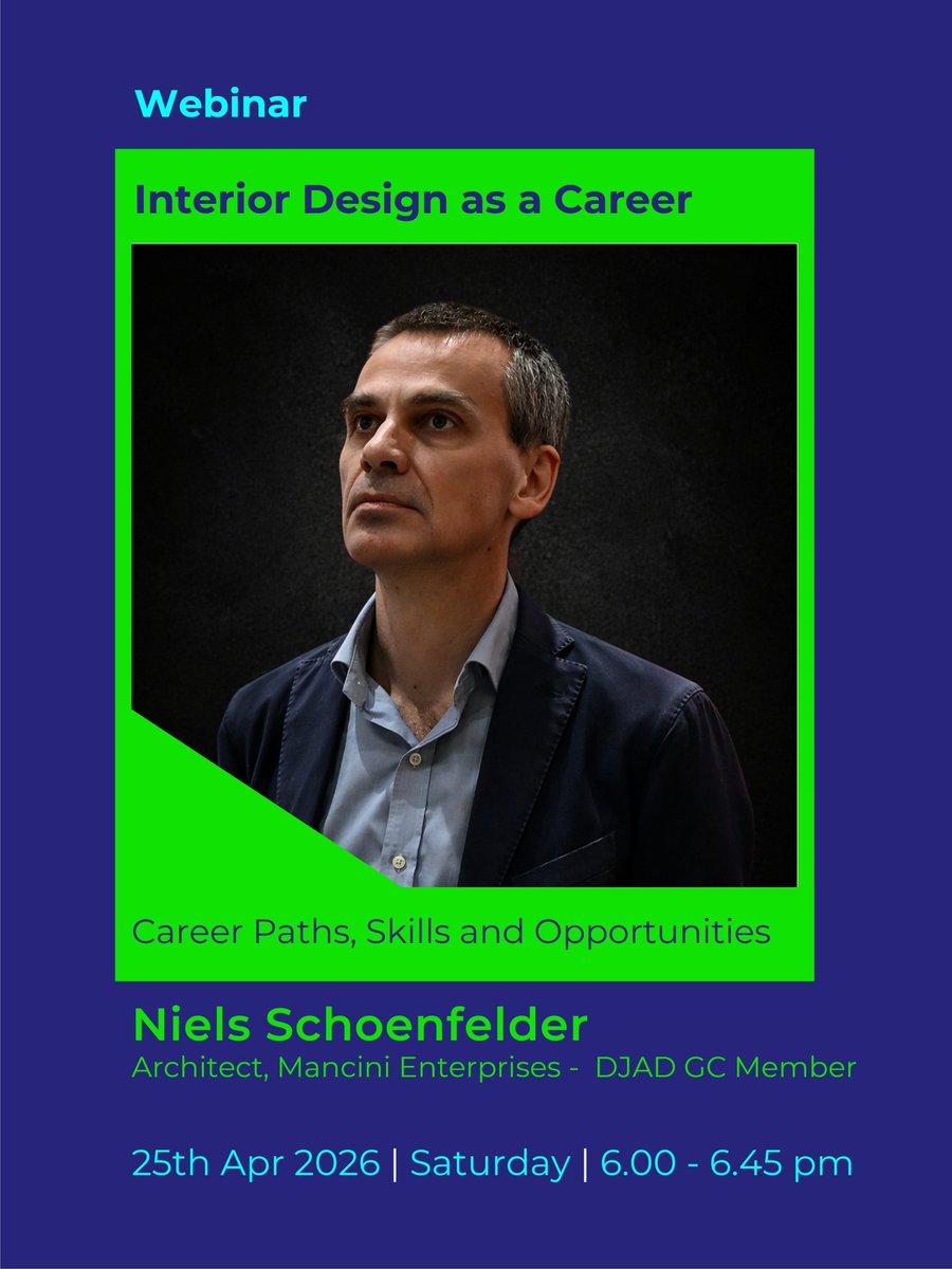 DJADdesign's tweet image. Interior Design as a Career

Explore career paths, essential skills, and opportunities in the world of interior design with industry expert Niels Schoenfelder.
Date: 25 April 2026 (Saturday)
Time: 6:00 – 6:45 PM
Registration: Opening soon
#InteriorDesign #DesignCareer #Webinar