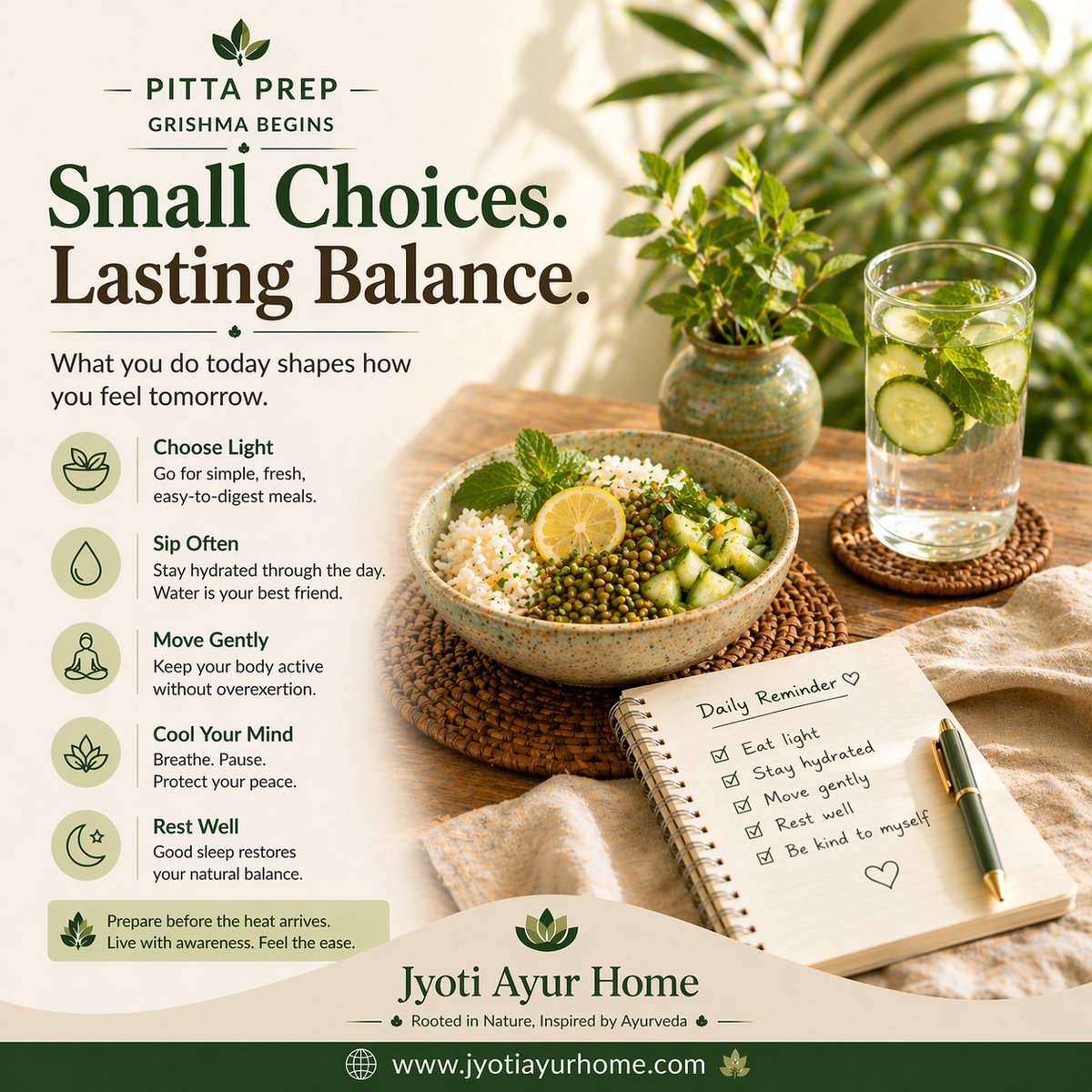 JyotiAyurHOME's tweet image. Small choices, every day.

What you choose today
shapes how tomorrow feels.
Keep it light.
Keep it steady.
Keep it simple.

Balance grows quietly
through daily habits.
Prepare before the heat arrives.
— Jyoti Ayur Home

#DailyHabits #PittaPrep #SlowLiving #CalmLifestyle
