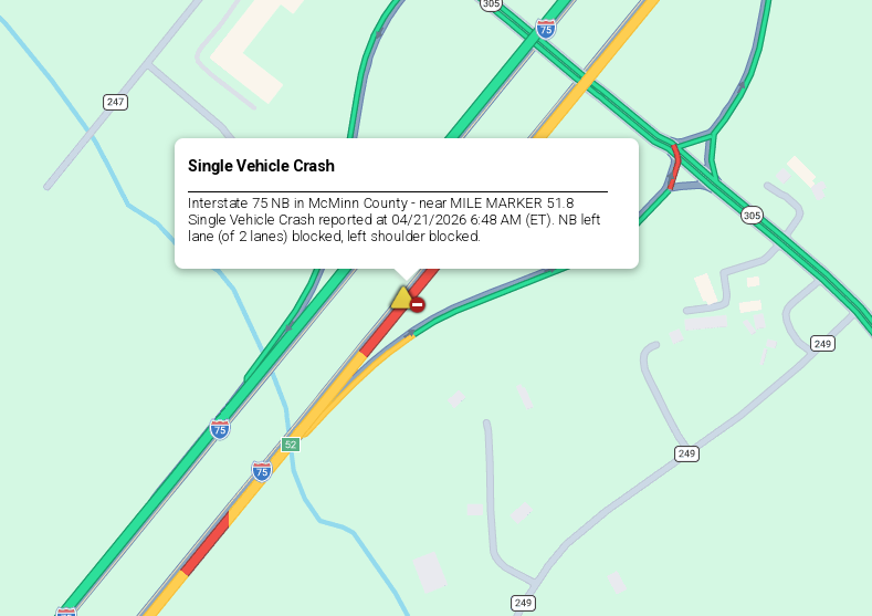 LiveTraffic2's tweet image. McMinn County- A crash on I-75 northbound at 52 mm 6:57am ET. commanderchuck.net #CommanderChuck #Chattanooga #Tennessee #TDOT #Traffic #TrafficAlert #Follow #Weather