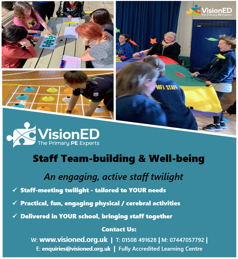 martin_radmore's tweet image. New - Staff Team-building &amp;amp; Well-being Twilight for primary schools! Engaging, fun, practical, active twilight promoting team-building &amp;amp; well-being! Tailored to YOUR school! More info: visioned.org.uk
#teambuilding #wellbeing #staffmeeting #primaryschool #staffwellbeing