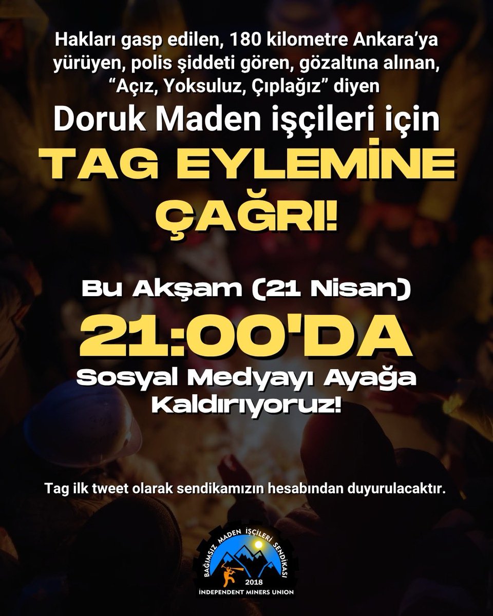 Lütuf değil hak istiyoruz. Yeraltına kefenle inen madenciler, gerekirse hakkı için yer üstünde de kefeni giyer.

Bu akşam 21.00’de yapacağımız tag eylemine tüm kamuoyunun dayanışmasını bekliyoruz. Ayağa kalkan madenciyle yürü!
#MadencininEliniTut