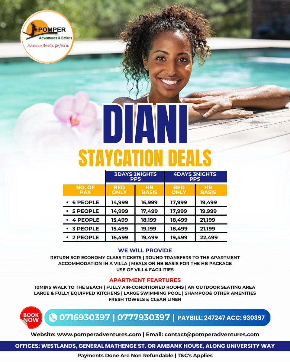 PomperSafaris's tweet photo. Diani awaits with sunlit villas and waves that whisper luxury.  
For two, indulge in 3 days, 2 nights at only KSh 19,499 on Half Board—  
or savor 4 days, 3 nights at KSh 22,499, where every meal is a memory.  
Secure your escape with just 50% today, and settle the balance later. https://t.co/QF5oJO5H8o