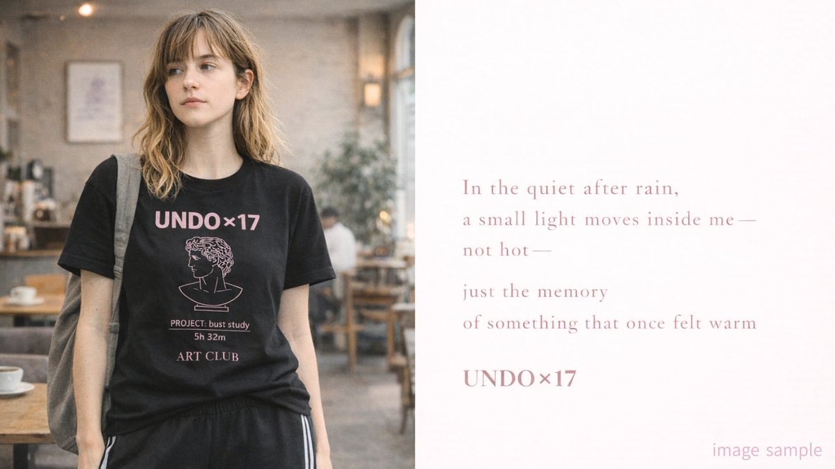 cafeY8754's tweet image. suzuri.jp/Ys17/designs/1…

UNDO ×17 – Art Club Bust Study Tee

クラシカルな胸像ラインと、ミニマルなタイポグラフィを組み合わせた
アートクラブ向けデザインTシャツ。
黒Tではモーブが深く、白Tでは静かに落ち着く中性的な一枚。

#UNDO17 #ArtClub #Tシャツ #ミニマルデザイン #タイポグラフィ