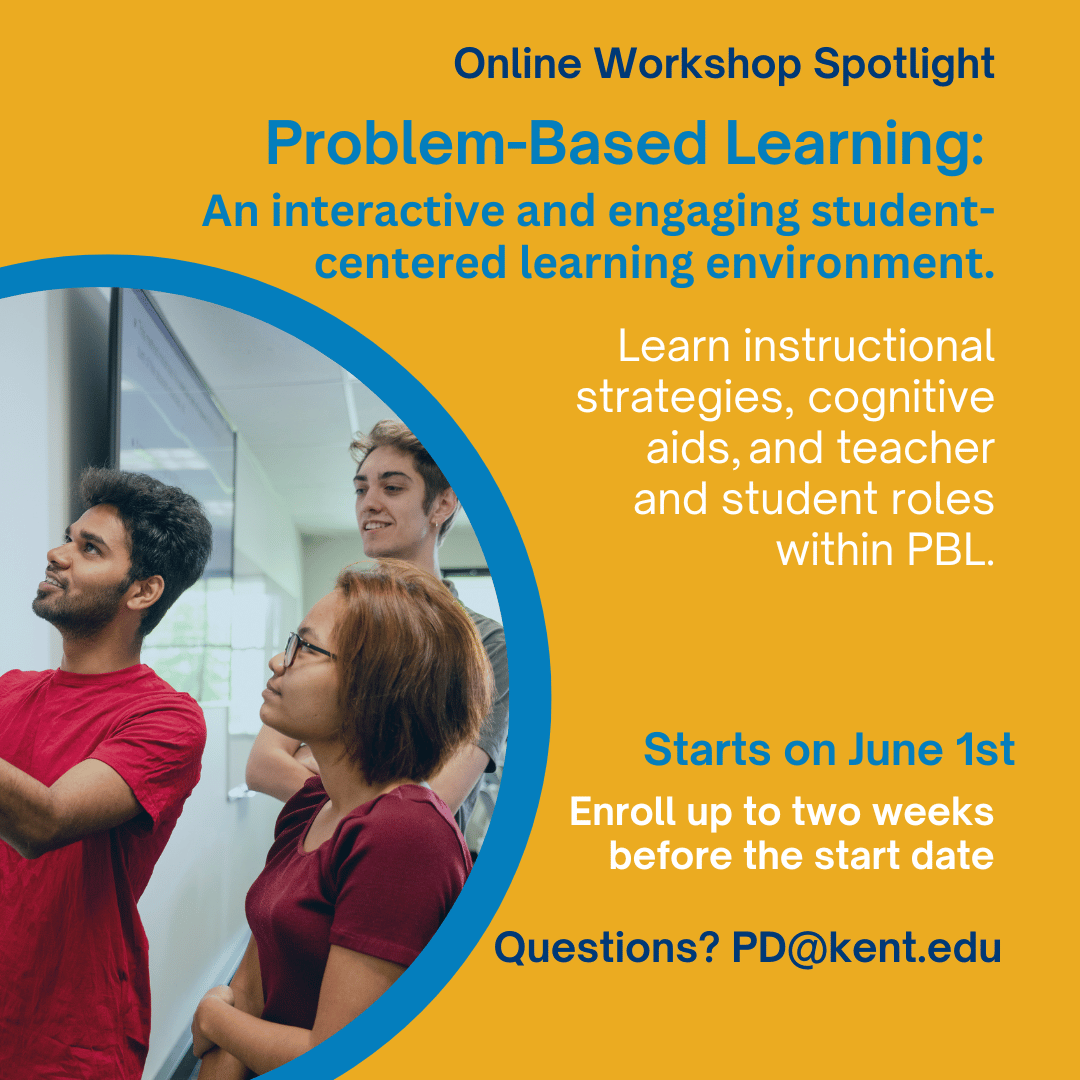 KentStatePDO's tweet image. #OnlineWorkshop: Problem-Based Learning

Summer 2026: June 1 - 29

2 credit hours, grad or undergrad
Instructor: Dr. Marian Maxfield

Questions? PD@kent.edu

Looking for other workshops? kent.edu/CreditWorkshops

#KentStatePDO #PBL #ProblemBasedLearning #K12Educators