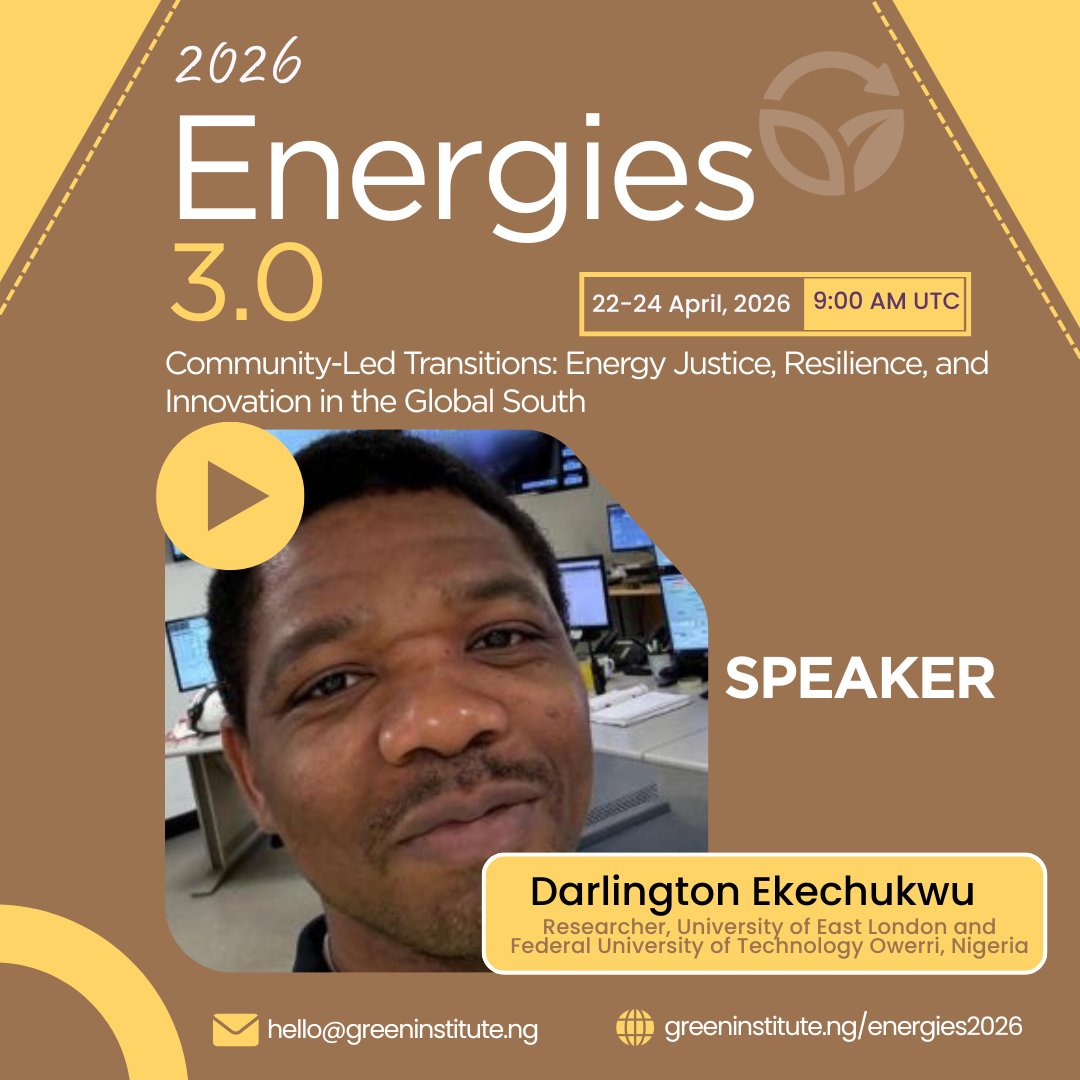 theGreenHQ's tweet image. Meet our speaker.
Driving practical solutions and local innovation in energy systems — Darlington Ekechukwu joins the Energies Conference, 22–24 April.
Read more: greeninstitute.ng/energies2026

#Energies3 #EnergyInnovation #GlobalSouth