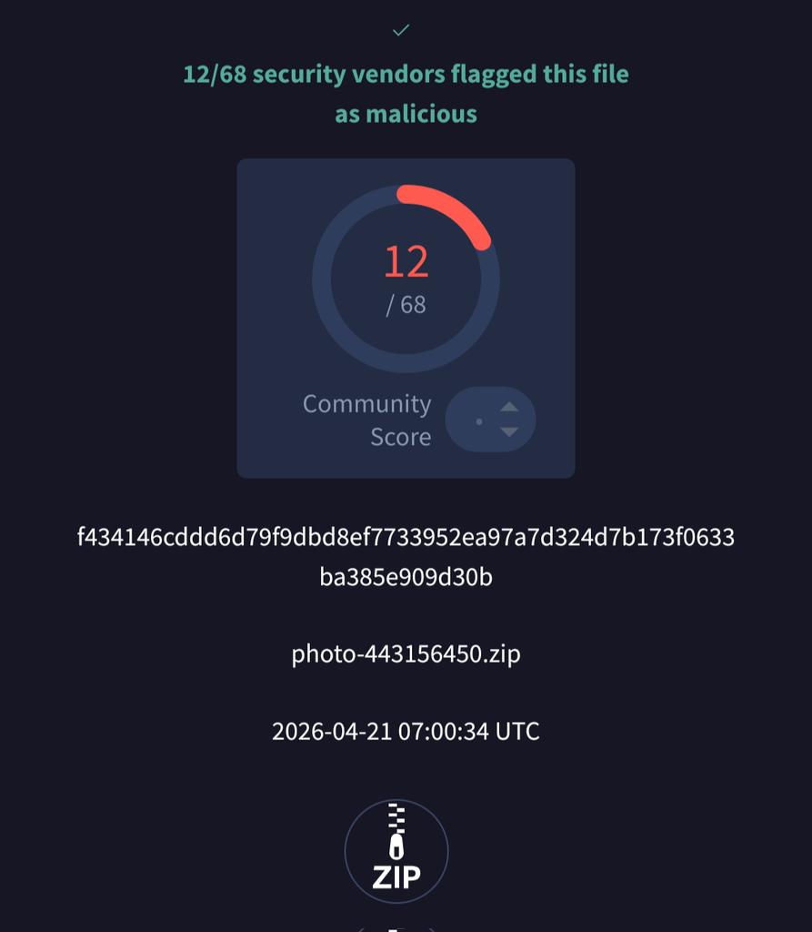 smica83's tweet image. 'photo-443156450 zip' seen from Spain @abuse_ch 
bazaar.abuse.ch/sample/f434146…
Domain(FUD): docshub-secure(.)com