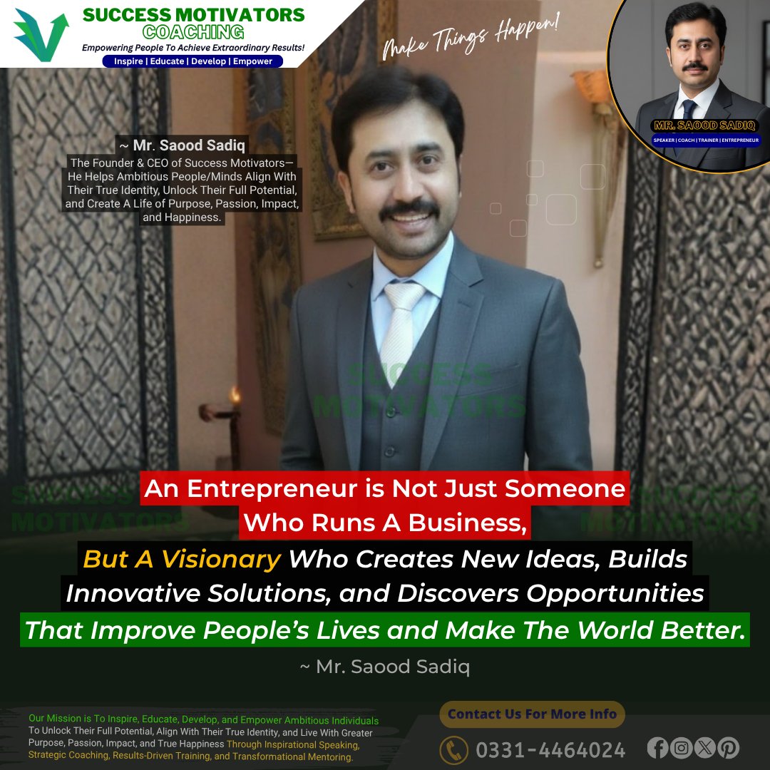 SuccessMotiva14's tweet image. 💡 Entrepreneurship = Vision, Impact &amp;amp; Innovation!

📞 Let’s Connect &amp;amp; Grow:
0331-4464024
🌐 Success Motivators Coaching
#SaoodSadiq #EntrepreneurMindset #VisionaryLeadership #Innovation #BusinessGrowth #PurposeDriven #StartupLife #Leadership