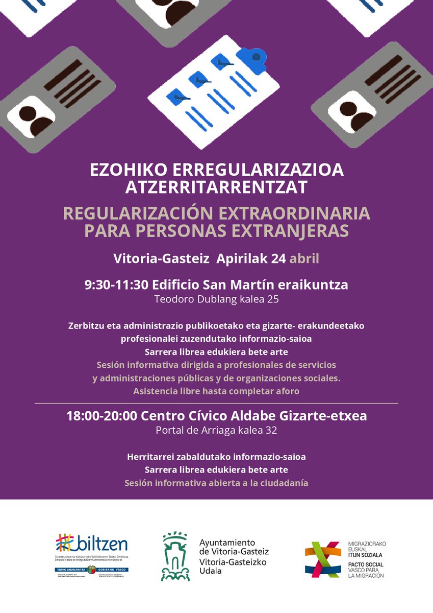 MigrazioAsiloF's tweet image. Sesiones informativas para profesionales y para ciudadanía en #Vitoria-Gasteiz sobre la #RegularizaciónExtraordinaria para personas extranjeras.
Organizadas por la Dirección de Acogida e Integración de las Personas Inmigrantes del @Gob_eus , @vitoriagasteiz y #Biltzen.