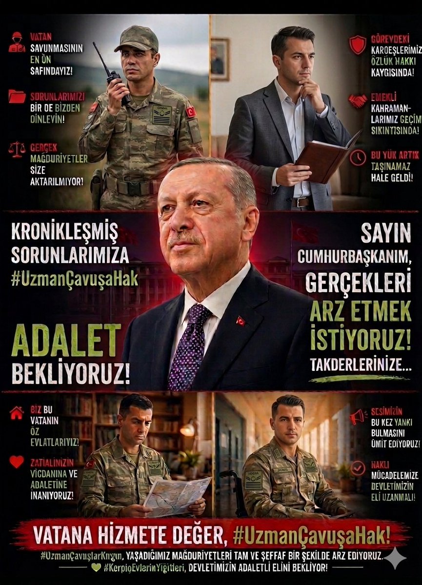 Sayın Cumhurbaşkanım, RECEP TAYYİP ERDOĞAN 

 Biz #UzmanÇavuşlar ın​Sesimizi duyurmak ve yaşadığımız gerçekleri en yalın haliyle zatıalinize arz etmek istiyoruz.

 Vatan savunmasının en ön saflarında görev yapan biz #UzmanÇavuş ların yaşadığı kronikleşmiş sorunların, gerçek