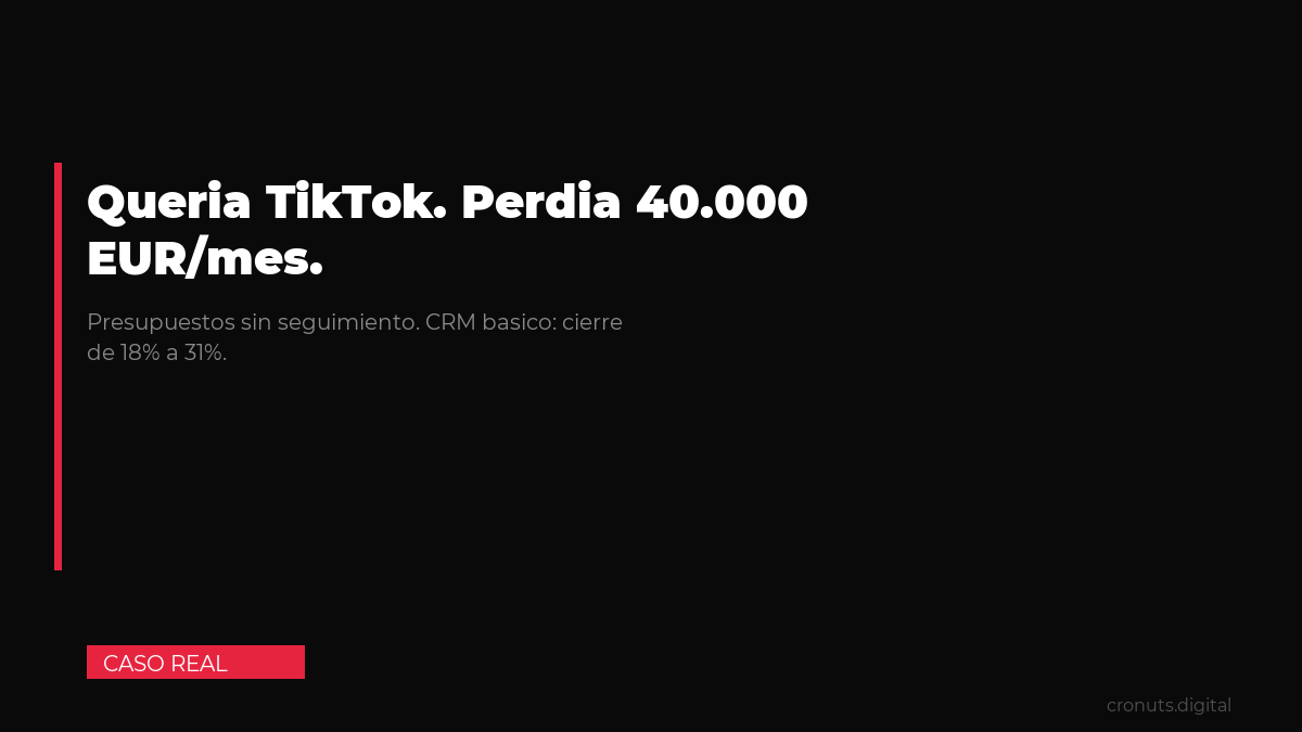 albertpuign's tweet image. CEO de empresa industrial: necesitamos estar en TikTok.

Su equipo perdia 40.000 EUR/mes en presupuestos sin seguimiento. PDFs al vacio.

Lo que hicimos: firma digital + tracking emails + CRM basico.

Resultados:
- Cierre: de 18% a 31%
- ROI del CRM: 11x en 90 dias
- Cero

#CRM