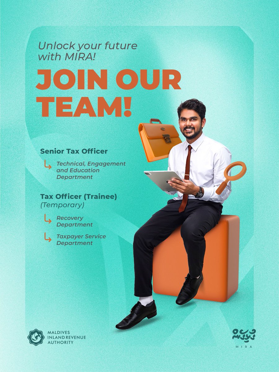 Unlock Your Future with MIRA! 🌟
Position Available:

-Senior Tax Officer , Technical Engagement and Education Department

-Tax Officer (Trainee), Recovery Department (Temporary) 

-Tax Officer , (Trainee) , Taxpayer Service Department (Temporary) 

Deadline: 28th  April 2026.
