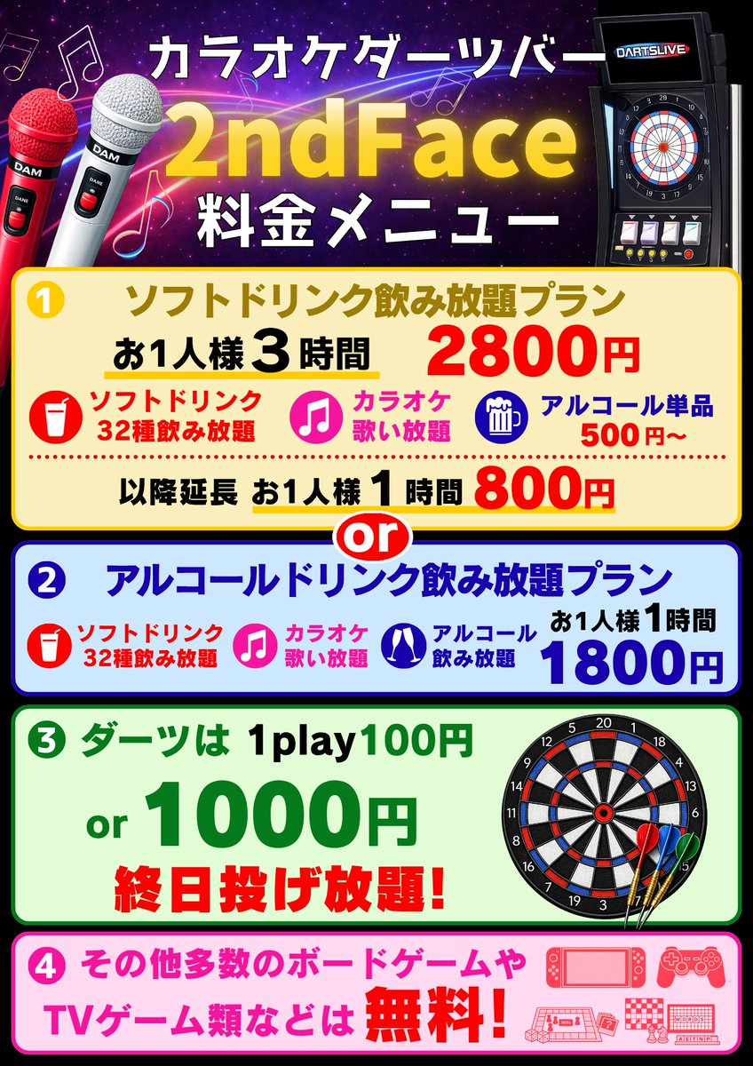 BAR2ndFace's tweet photo. カラオケダーツバー2ndFaceの料金メニューが変わります！
お酒を飲む人も、全く飲まない人も色々なアミューズメントをリーズナブルに楽しめる❗
2ndFaceを今後ともよろしくお願いいたします🙌 https://t.co/v80Q3RIUss