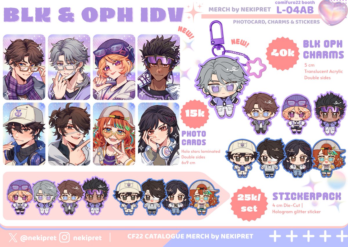 [🔁are appreciated ❤️]
batch 2 #comifuro22 #cf22 preorder is here!!💞

📅 ends at 25 april
📍 Dosa Bersama [L-04ab]
🛒 Pick up both days + mail order
🎀 Identity V, Uma Musume, Enstars, PJSK, HSR &amp; Genshin

(1/6) PO form &amp; more info⬇️✨
#comifuro22catalogue