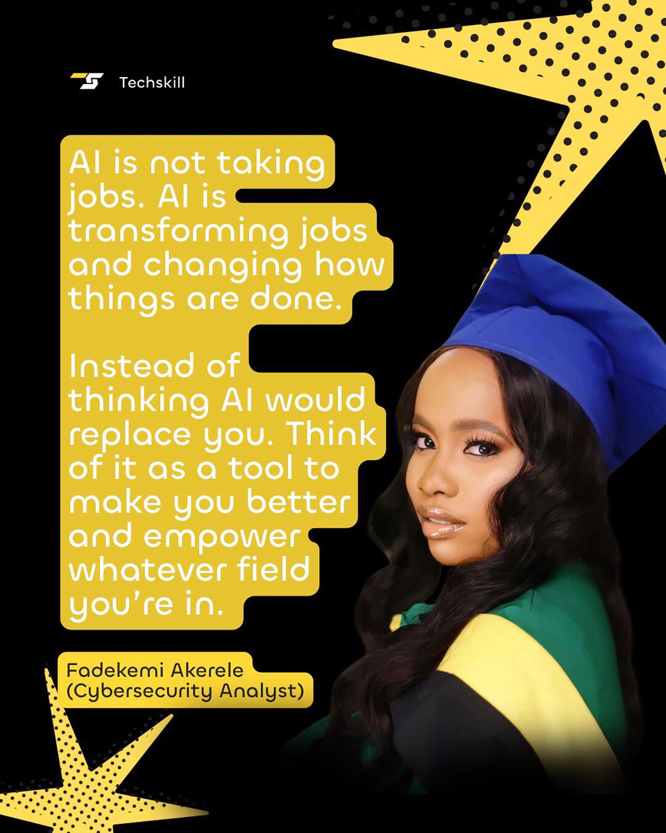 TechSkillUk's tweet photo. AI isn’t taking jobs — it’s transforming them.” 🚀

A powerful insight from our last session with Fadekemi Akerele (Cybersecurity Analyst).

The real shift isn’t replacement, it’s adaptation. Use AI as a tool, not a threat.
More conversations like this coming 🔥 https://t.co/s6XKRf1BVr