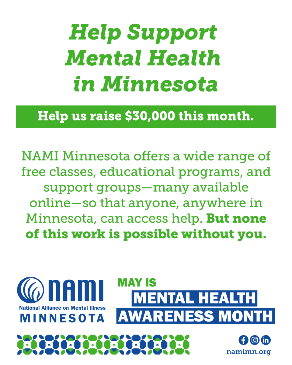 NAMIMinnesota's tweet photo. May is Mental Health Awareness Month, and this year, NAMI Minnesota invites you to stand with us under a shared commitment: Stronger Together: Healing Begins in Community. Together, we are leading a sustained effort to support individuals living with mental illness or trauma, along with their families and communities, while working to end stigma and discrimination.

We are seeing it firsthand. Our helpline is receiving more calls from families of detained individuals, from providers seeking support, and from people experiencing heightened trauma, paranoia, and isolation. Accessing residential placements and insurance coverage are current challenges as well. For those living with serious mental illnesses, these stressors can quickly escalate into crisis. At the same time, the systems meant to support them are under strain. Mental health providers are facing burnout, long waitlists, and funding instability that threatens essential community-based services. That is where NAMI Minnesota steps in.

Throughout May, we are offering a wide range of free classes, educational programs, and support groups—many available online—so that anyone, anywhere in Minnesota, can access help. These peer-led programs, grounded in lived experience, are proven to reduce isolation, build resilience, and support recovery.

We are also:
- Hosting a special screening of No One Cares About Crazy People on May 18 at the iconic The Parkway Theater.
- Expanding suicide prevention and postvention efforts to support individuals and communities after loss.
- Providing safe, supportive spaces not only for individuals and families, but also for the professionals and clinicians who care for them.

But none of this work is possible without you. Our goal this month is to raise $30,000 to keep these services free and accessible. Help Us Raise $30,000 This Month: https://t.co/zUFpyyoBBb