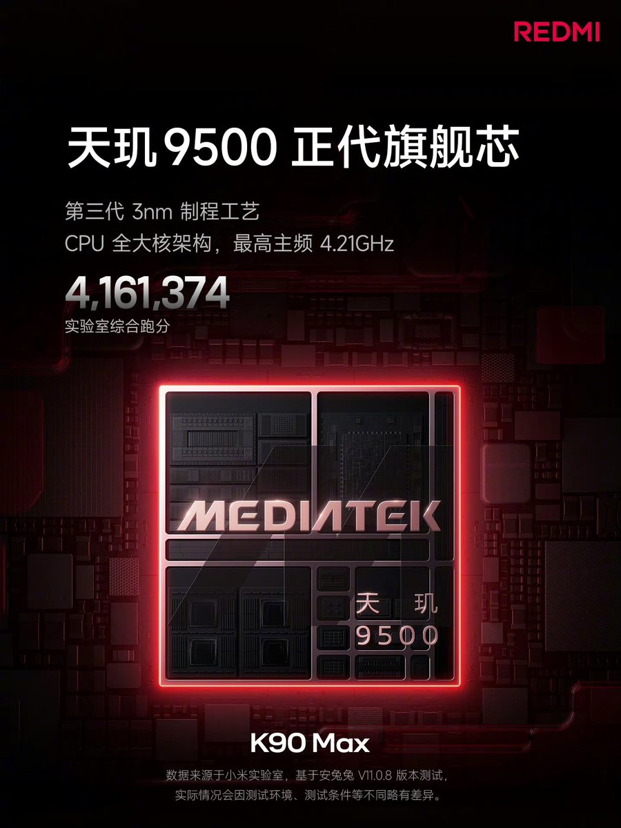 TechHome100's tweet image. REDMI K90 Max 
▫️ MediaTek Dimensity 9500
▫️ Independent Graphics Chip D2
▫️ LPDDR5X Ultra + UFS 4.1
#REDMI #REDMIK90Max