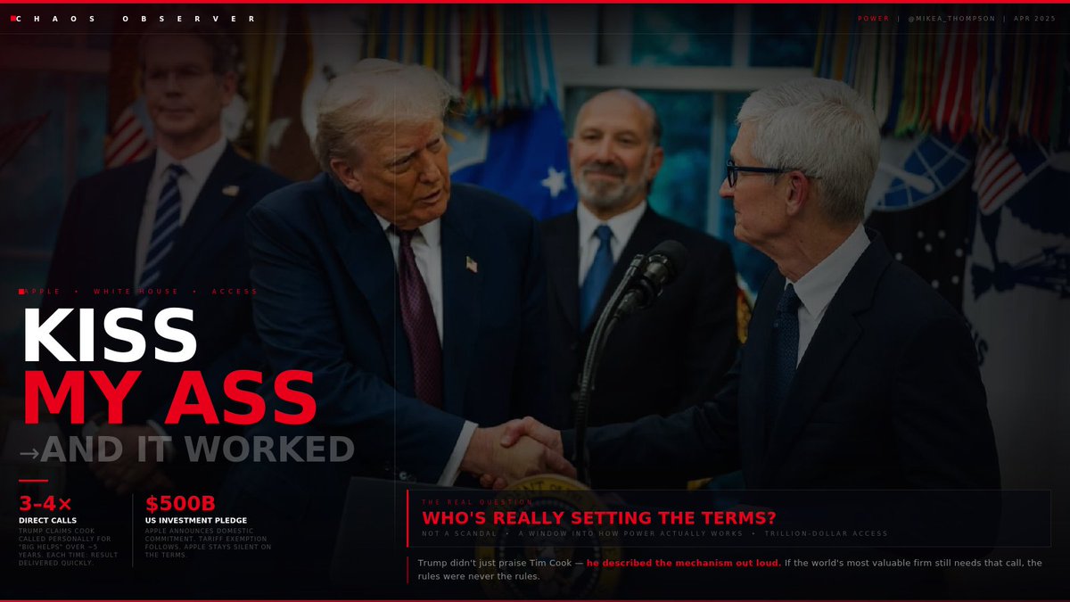 MikeA_Thompson's tweet photo. Trump didn’t just praise Tim Cook — he said Cook called to “kiss my ass” to get things done “very quickly.”

– Claims 3–4 direct calls for “BIG HELPS” over ~5 years
– Crude framing, but signals access and speed over process
– Apple stays silent; White House turns it into a case study
Not a scandal — a window into how power actually works.

If trillion-dollar firms still need that call, who’s really setting the terms?🤔