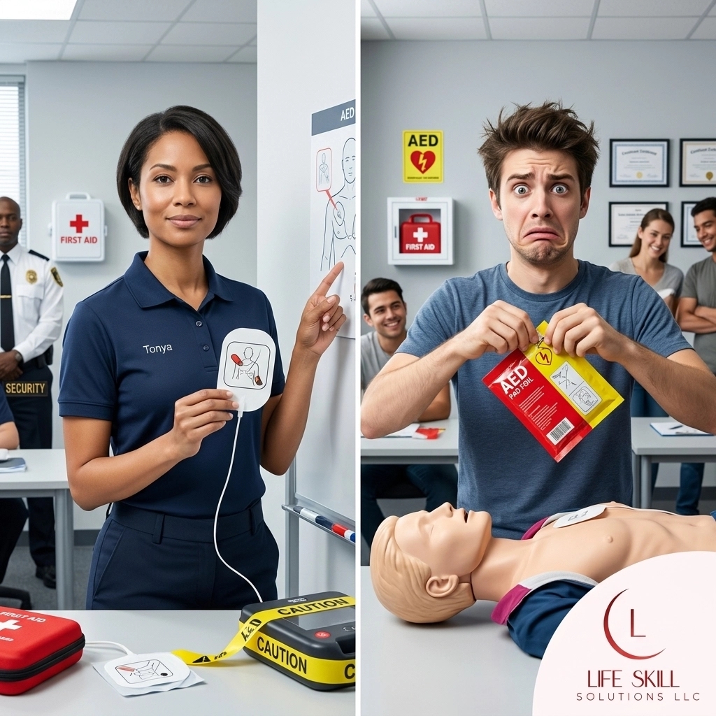 tonya355911's tweet image. Nothing tests composure like a calm AED voice while you panic! 😂 Life Skill Solutions is a Red Cross Training Partner. Help our community: givebutter.com/our-empowermen… Tonya M Roberts, Owner, Life Skill Solutions &amp;amp; DM, Imperial Security. #CPR #AED
