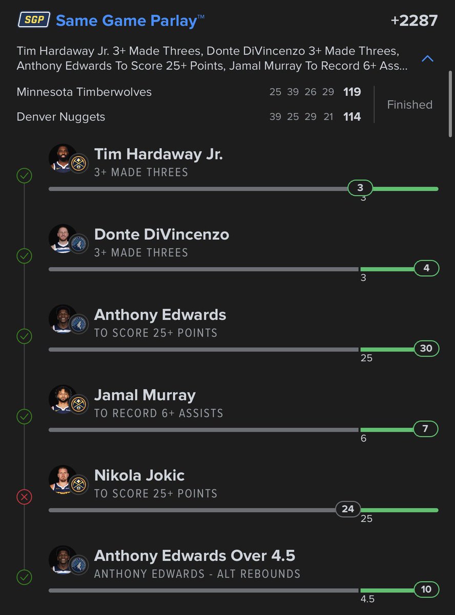 BAD BEAT OF THE WEEK 🤦‍♂️

+2287 SGP… 5/6 LEGS CASHED

EVERYTHING GREEN…
AND Nikola Jokic FINISHES WITH 24 WHEN WE NEEDED 25 😭

MISSED BY 1 POINT…
THIS ONE HURTS
