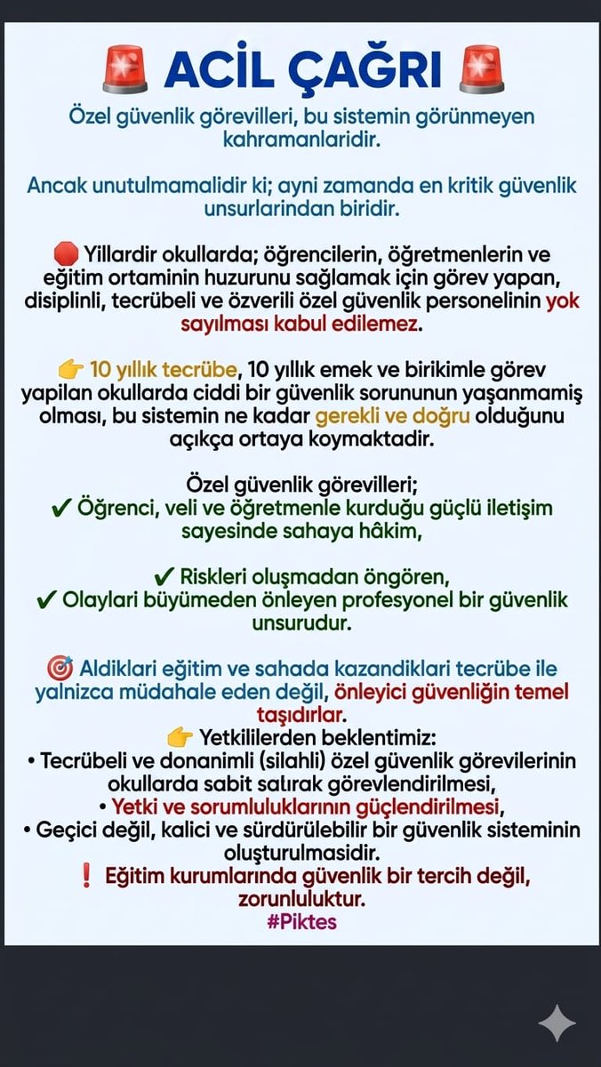 FtmYlmz15's tweet photo. @avabdullahguler @RTErdogan #Piktes
@RTErdogan
@Yusuf__Tekin
@mustafaciftcitr
@memetsimsek
@avabdullahguler
👉OKULLAR
📌TEHLİKEDE  DEDİK📌

👉10 YILLIK TECRÜBELİ 
👉  PİKTES ÖZEL GÜVENLİK  
🚨 OKULLARDAN ÇIKARTILDI

🚨ÇIKARTILMAYA DEVAM EDİLİYOR🚨

🛑ÖĞRETMEN ÖLÜYOR 
🛑ÖĞRENCİ ÖLÜYOR
🛑GELECEK ÖLÜYOR https://t.co/hUqECRK9Kw