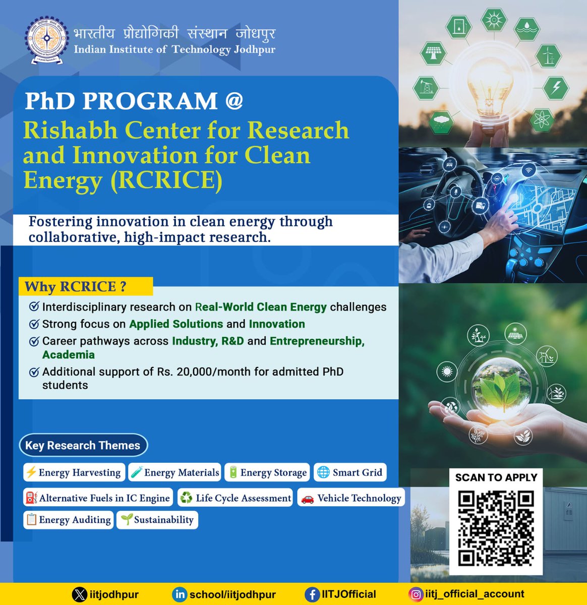 iitjodhpur's tweet image. PhD Opportunity @ IIT Jodhpur

Join the Rishabh Center for Research &amp;amp; Innovation for Clean Energy (RCRICE) 🌱

✔ Interdisciplinary research
✔ Real-world clean energy solutions
✔ ₹20K/month additional support

📢 Apply under Rolling Advertisement

#PhD #CleanEnergy #Research