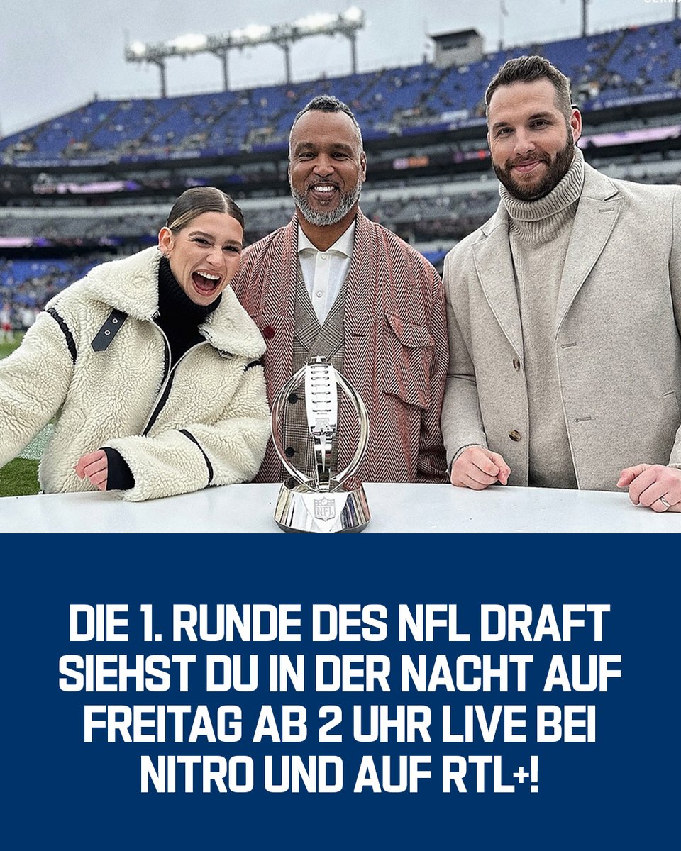 NFLDeutschland's tweet photo. ES IST ENDLICH WIEDER SO WEIT! 😍

In der Nacht von Donnerstag auf Freitag findet der 2026 NFL Draft in Pittsburgh statt. Bis in die Nacht von Samstag auf Sonntag werden insgesamt 257 College-Spieler von den 32 NFL-Teams ausgewählt – dort startet ihre NFL-Reise.

Die Übertragung zur 1. Runde siehst du live ab 1 Uhr bei @NITRO und auf RTL+. Mit am Start sind dann: Florian Ambrosius, @EsumePatrick, @BjoernWerner, @TheDreamKasim, @ballschmeisser und Christian Schulz. Aus den USA berichtet @themarkuskuhn live von vor Ort.

Runde 2 und 3 siehst du live in der Nacht von Freitag auf Samstag im kostenlosen Livestream auf RTL+ – Start ist dann 0:30 Uhr. Die Runden begleiten: @stecker_jan, Jan Weinreich und Christian Schulz. Markus Kuhn ist wieder live aus den USA.

Die Runden 4-7 (Tag 3) siehst du ebenso im kostenlosen Livestream Samstagabend ab 18 Uhr auf RTL+.