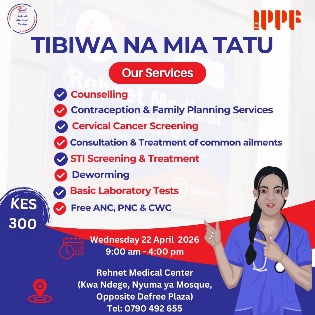 NderituLornah's tweet photo. Quality healthcare for just KES 300 is happening TOMORROW! Join us at Rehnet Medical Centre, Kwa Ndege on Wednesday 22nd April, 9AMβ4PM for counselling, family planning, cervical screening, STI treatment & more.
π 0790 492 655
#TibiwaNaMiaTatu #YourHealthIsOurPriority https://t.co/5HoV1vdosR