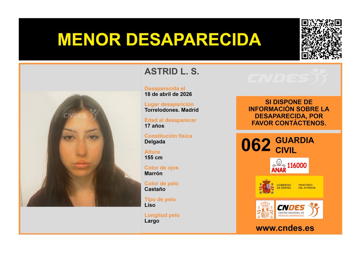 ⚠️ 𝘼𝙇𝙀𝙍𝙏𝘼⚠️
🚺MENOR DESAPARECIDA
Edad  17 años
🧐vista por última vez #torrelodones #madrid
🔄 RT para ayudar a encontrarla
Si le has visto o tienes pistas 📩cndes-web.ses.mir.es/publico/Desapa…
📞062 <a href="/guardiacivil/">Guardia Civil</a> 
☎️116000 ANAR
🔗 Canal oficial <a href="/cndes_oficial/">CNDES</a>
#menordesaparecida