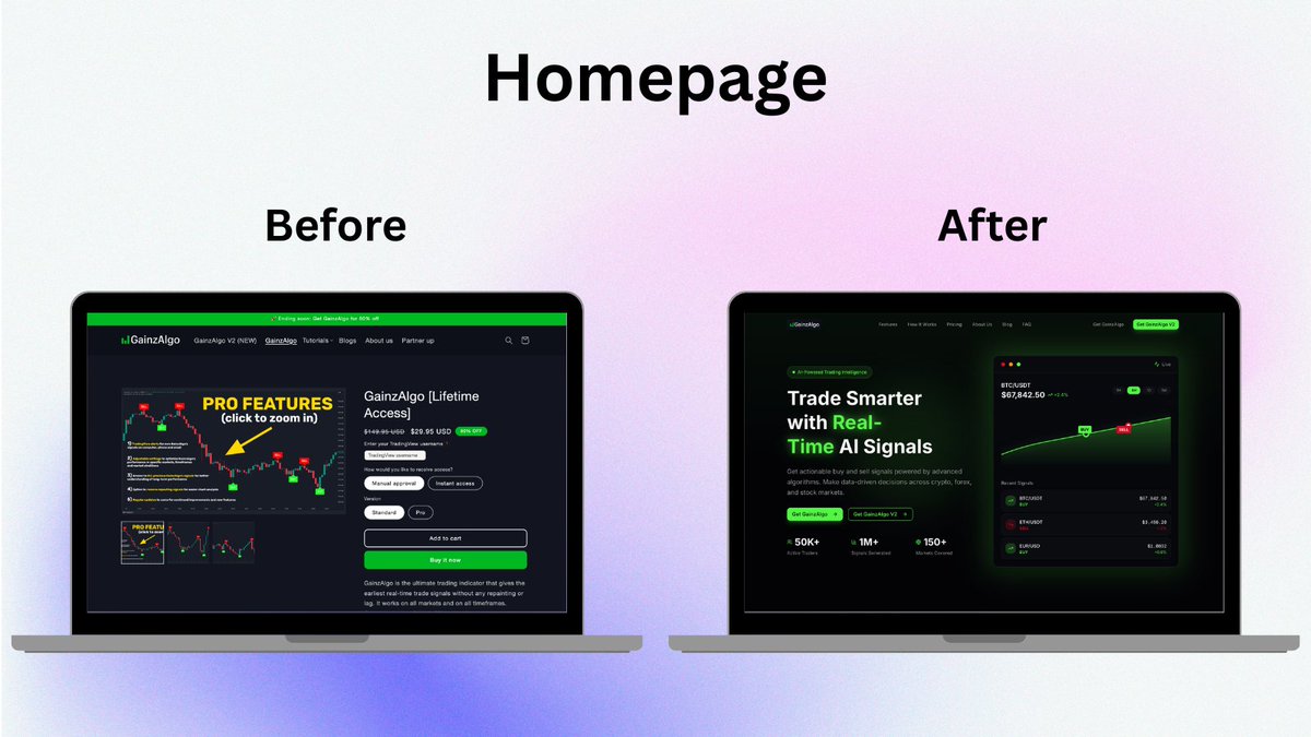 AdeyinkaElijah2's tweet photo. I redesigned the GainzAlgo homepage to solve a simple but critical problem, clarity

@gainzalgo 

Here is the link to the design: https://t.co/LDJa2Vr7PC https://t.co/1ZW7dh2z1K