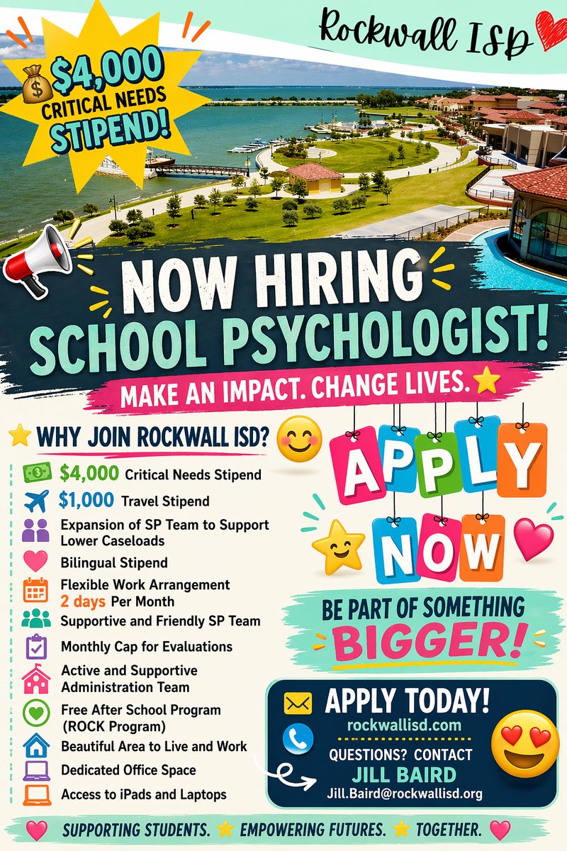 RISDSpecial's tweet photo. 👏🏻👏🏻👏🏻Join our team! Rockwall ISD is hiring School Psychologists for the 26/27 school year!

❤️ If you’re passionate about supporting students and making a meaningful impact, we’d love to connect with you.

📩 Contact: Jill.Baird@rockwallisd.org https://t.co/gGMglZ4VsV