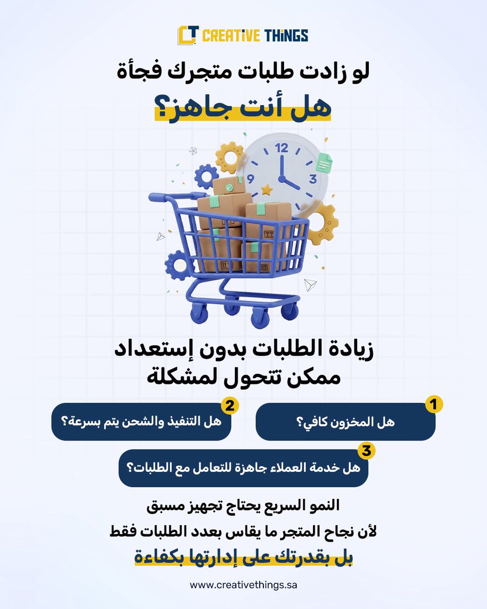 CreativeThingsE's tweet photo. زيادة الطلبات هدف كل متجر
لكن الأهم هو الاستعداد لها.

كثير من المتاجر تخسر فرص كبيرة
مو بسبب قلة الطلب 
لكن بسبب عدم الجاهزية.

تنظيم المخزون
سرعة الرد على العملاء
وكفاءة تنفيذ الطلبات

كلها عوامل تحدد إذا كان النمو مستمر أو مؤقت.

#تجارة_إلكترونية #إدارة_المتاجر #تسويق #متجرك https://t.co/BDkT6edJAU