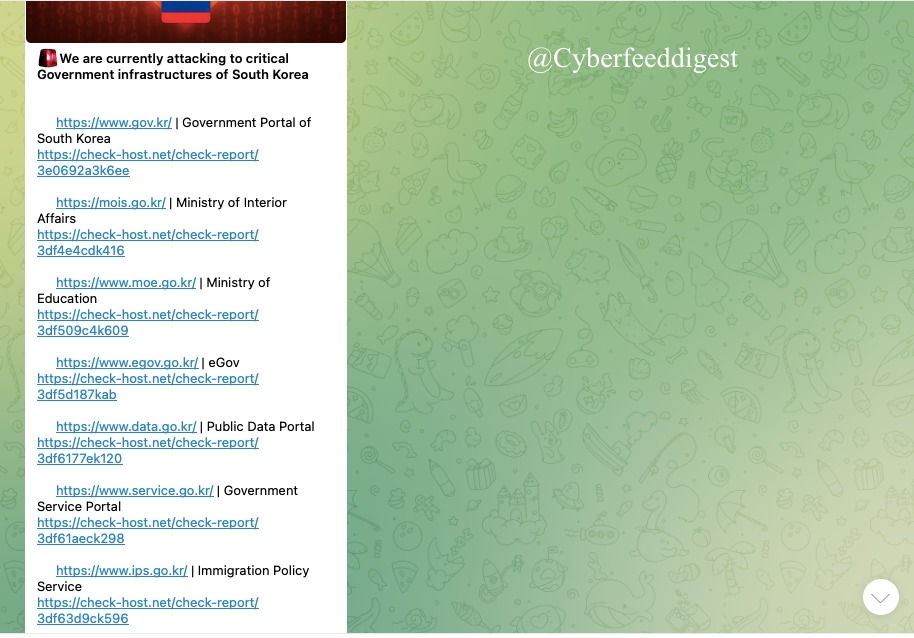 cyberfeeddigest's tweet image. Multiple governmental websites of #SouthKorea targeted by #DDOS attack:
 🔴gov.kr
check-host.net/check-report/3…

🔴mois.go.kr
check-host.net/check-report/3…

🔴moe.go.kr
check-host.net/check-report/3…

🔴egov.go.kr 
check-host.net/check-report/3…
...