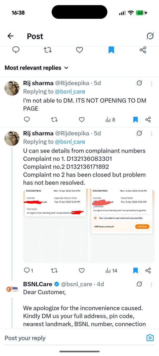 Rijdeepika's tweet photo. @bsnl_care @PMOIndia @jagograhakjago @BSnow513 @BSNLCorporate complaint still not resolved and customer care says all my complaints have been resolved. I'm attaching multiple images as proof. But BSNL does not care, it is a worthless service. It's more than ten days now. Extremely poor. https://t.co/QklUwWJwYO