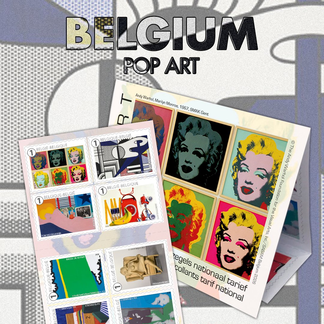 WopaPlus's tweet image. Pop art emerged in the 1950s. This booklet of 10 stamps tells the story of pop art with iconic works. #stamps #philately #belgium
