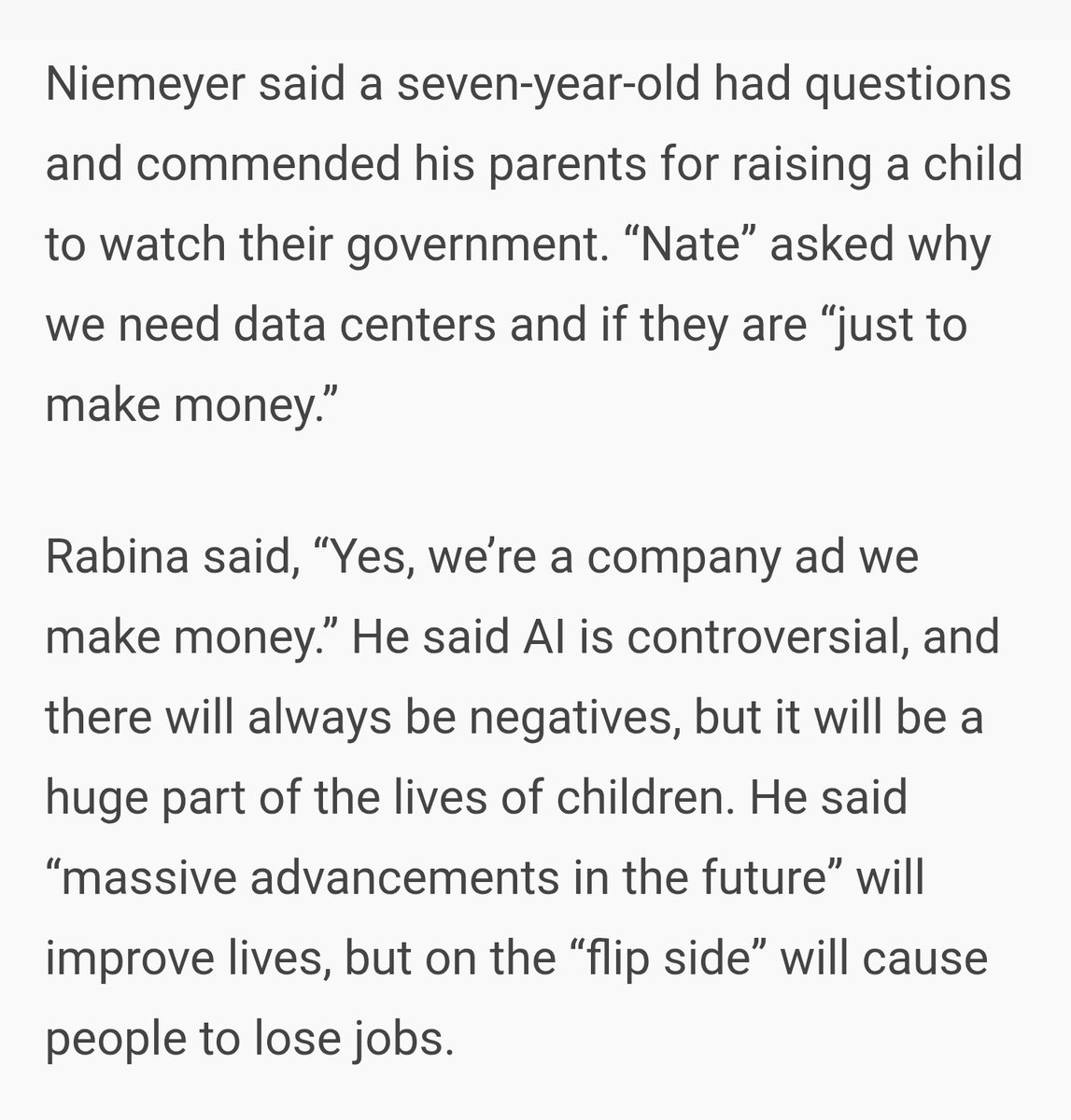 An AI data center owner held a "town hall" in northwest Indiana but didn't allow the audience to ask any questions that weren't pre-submitted.

The data center CEO went on to tell the audience AI data centers will cause people to lose their jobs.

Compelling pitch, guys 👍