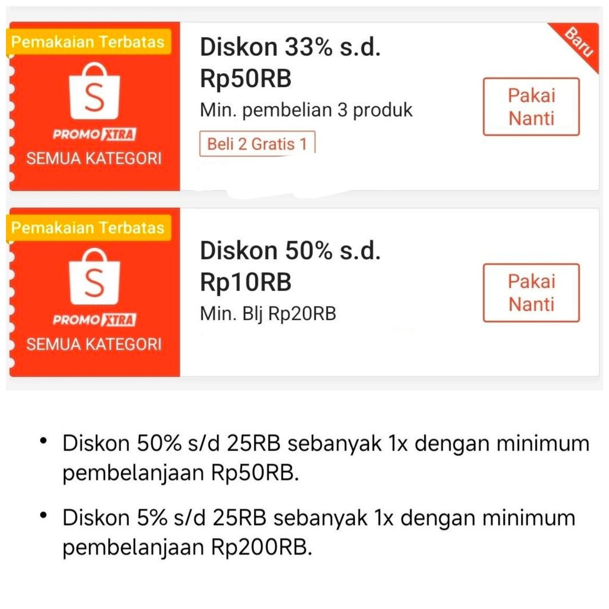 xkode06's tweet photo. Diskon Shopee berlaku 22 Apr
(Cari produk didalam voucher)

📌Diskon 10rb, minbel 20rb
Kode: SERBURABU22APR
Berlaku Pk. 00:00, redeem disini
https://t.co/Vdr0W2I3ML

📌Diskon 33% s/d 50rb
Minimal beli 3 produk sama/berbeda
Berlaku Pk. 20:00 (besok) cek disini
https://t.co/Vdr0W2I3ML

📌Siapa tau ada juga👇
Diskon Pembayaran Spaylater 25rb, minbel 50rb, Langsung nempel pas CO (bisa digabung Diskon Shopee lain)