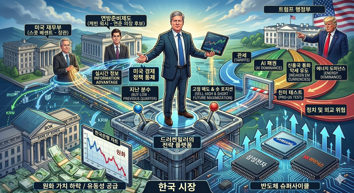 투자 천재 드러켄밀러는 한국 주식에 숏?

그는 단순히 한국 주식에 관심이 있는 수준이 아닙니다. 그는 더 큰 그림을 그리고 있습니다.
드러켄밀러는 스캇 베센트를 재무부 장관으로, 케빈 워시를 연준 의장 후보로 추천·지지하면서 미국 경제 정책의 핵심 축을 자신의 가까운 사람들로 채웠습니다.