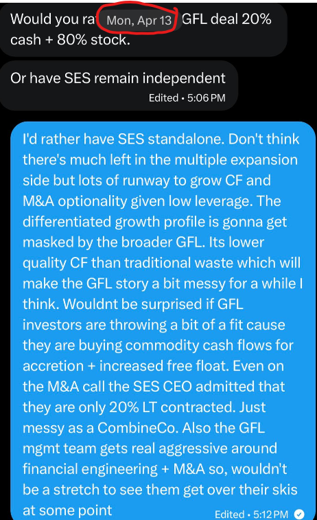The $GFL / $SES.TO merger getting this contentious wasn't on my bingo card.

My position is unchanged: this isn't the optimal outcome for either party. That said, $SES.TO shareholders are getting a good price today. At 11x forward (announced price) or ~10.5x using current $GFL