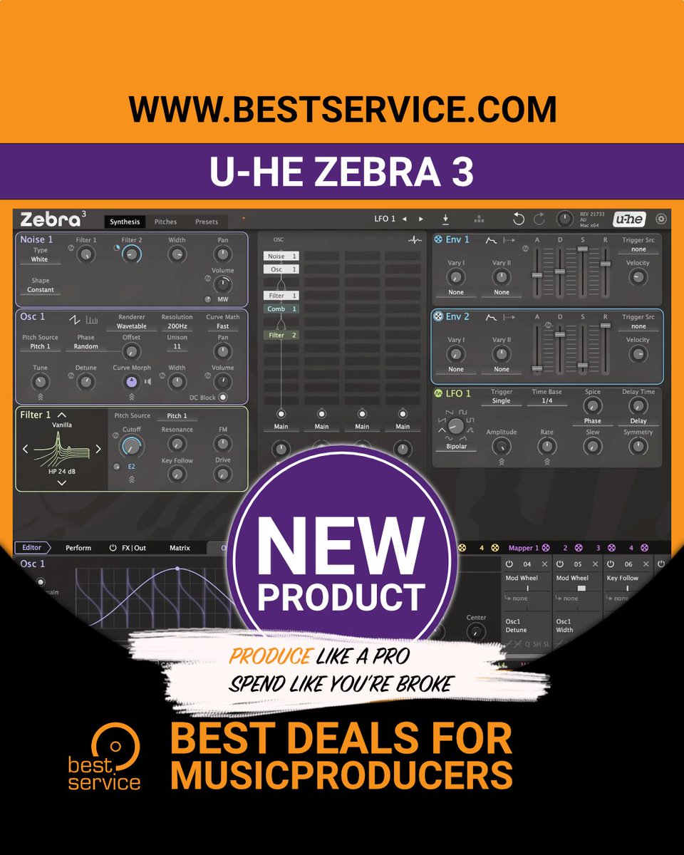 bestservicenews's tweet image. New product: U-He - Zebra 3 

The ultimate deep workhose synth

Get it here:
bestservice.com/en/zebra_3.htm…

#MusicProduction #MusicProducer #SoundDesign #PluginDeals #ProducerLife #HomeStudio #PluginSale #MusicPluginSale #ProducersDeals #Beatmaker