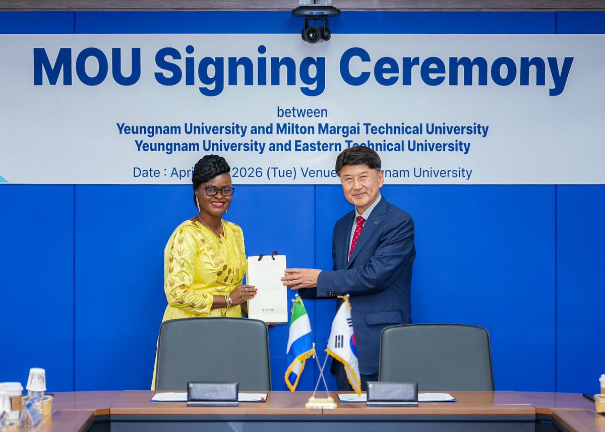 EmbassyRok's tweet photo. Sierra Leone strengthens education ties with South Korea 🇸🇱🇰🇷
MoUs signed with Yeungnam University under the Saemaul Undong programme to boost skills, innovation, and technical education.
A major step toward a globally competitive workforce.
#SierraLeone #Education #Partnership https://t.co/B0ruM81DbE