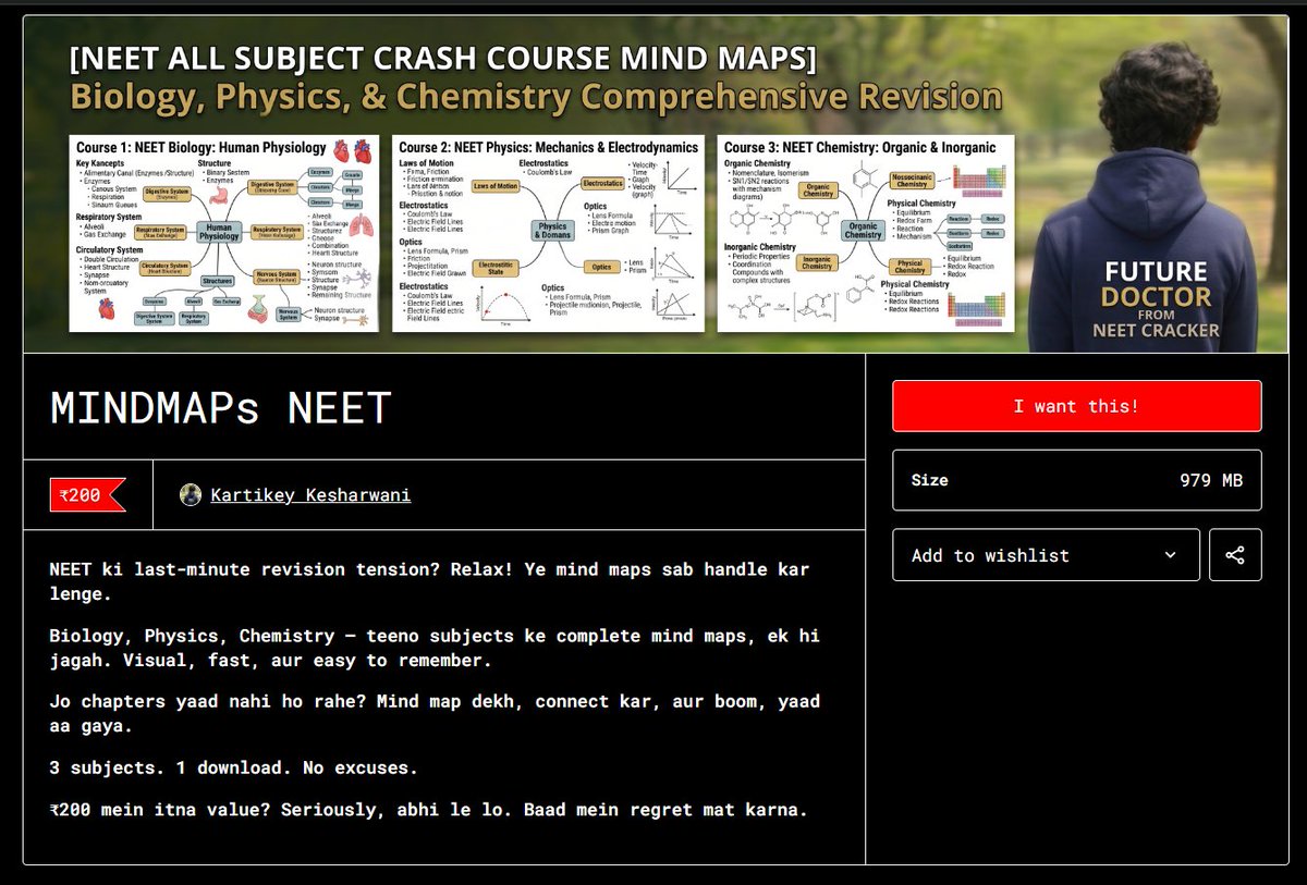 Kartikey7734's tweet image. 2 weeks to NEET 26. In this phase, revision speed &amp;gt; new theory. I made NEET mindmaps for Bio, Physics &amp;amp; Chem to make last‑minute revision fast, visual &amp;amp; stress‑free. All 3 in one download for ₹200: kesharwani55.gumroad.com/l/tebyuv

#NEET #NEETUG
#NEET2026
#NEETaspirants
#NEETpreparation